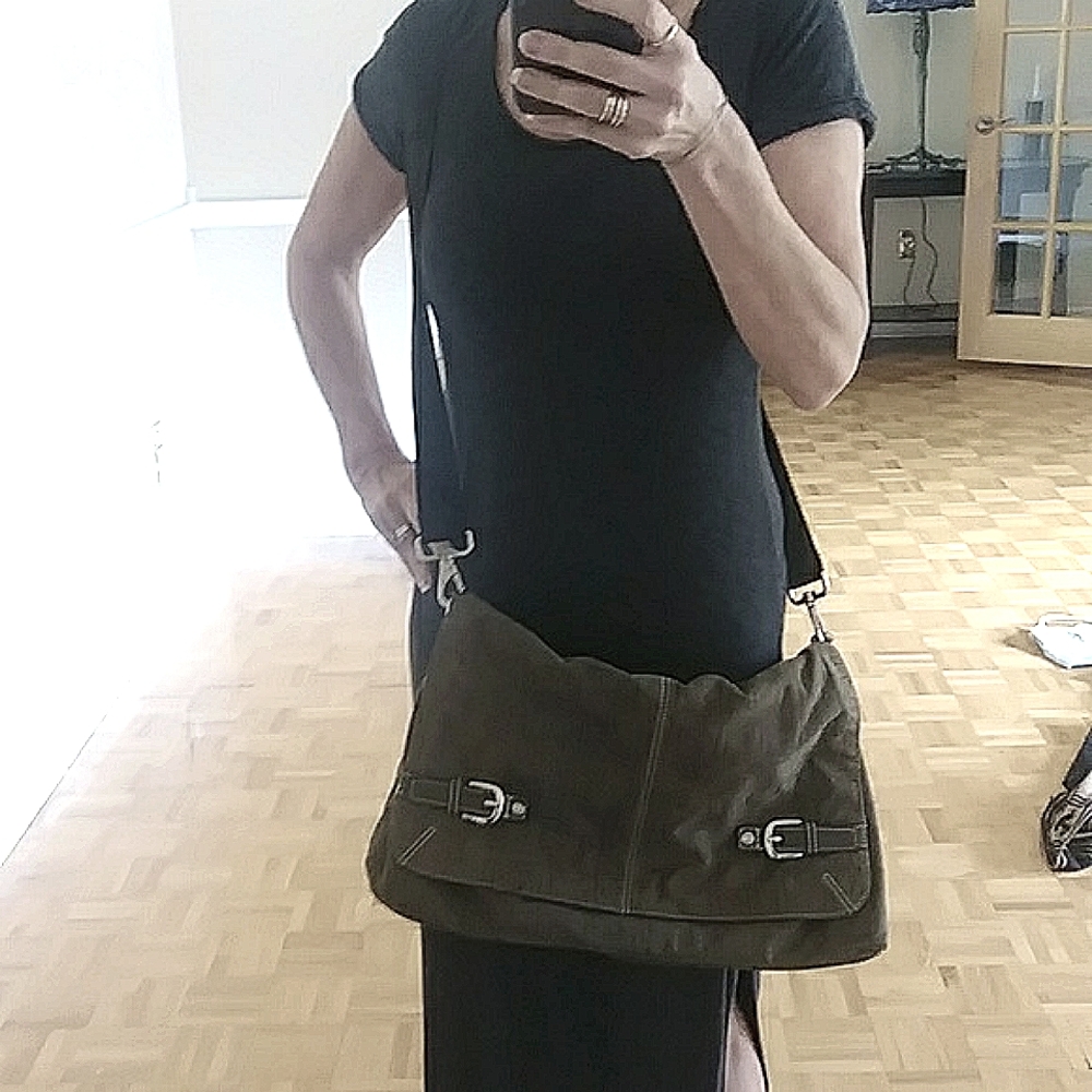 Tommy Hilfiger unisex khaki suede crossbody messenger bag